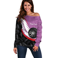 Personalised Aotearoa Lawn Bowls Off Shoulder Sweater Maori and Silver Fern Sporty Style Pink Color - Polynesian Pride