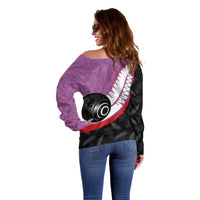 Personalised Aotearoa Lawn Bowls Off Shoulder Sweater Maori and Silver Fern Sporty Style Pink Color - Polynesian Pride