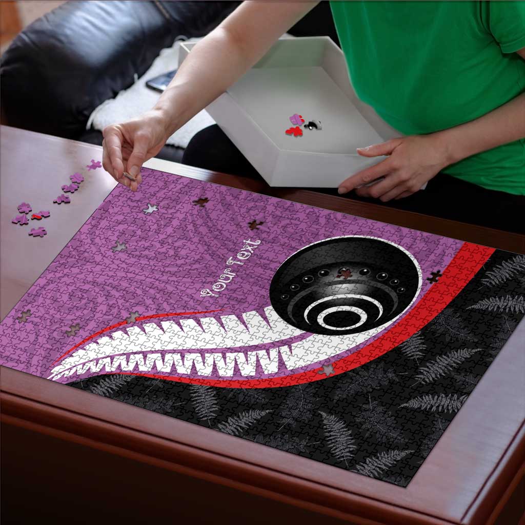 Personalised Aotearoa Lawn Bowls Puzzle Maori and Silver Fern Sporty Style Pink Color - Polynesian Pride