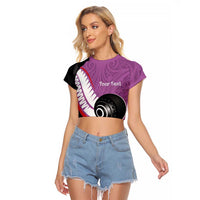 Personalised Aotearoa Lawn Bowls Raglan Cropped T Shirt Maori and Silver Fern Sporty Style Pink Color - Polynesian Pride