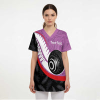 Personalised Aotearoa Lawn Bowls Scrub Top Maori and Silver Fern Sporty Style Pink Color - Polynesian Pride