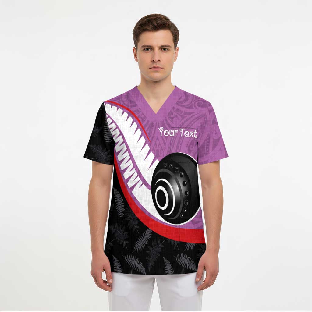 Personalised Aotearoa Lawn Bowls Scrub Top Maori and Silver Fern Sporty Style Pink Color - Polynesian Pride