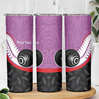 Personalised Aotearoa Lawn Bowls Skinny Tumbler Maori and Silver Fern Sporty Style Pink Color - Polynesian Pride