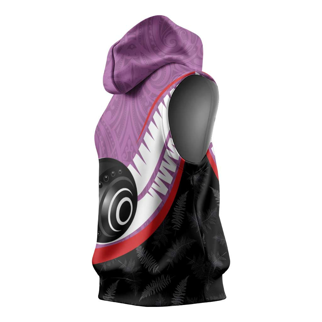 Personalised Aotearoa Lawn Bowls Sleeveless Hoodie Maori and Silver Fern Sporty Style Pink Color - Polynesian Pride