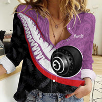Personalised Aotearoa Lawn Bowls Women Casual Shirt Maori and Silver Fern Sporty Style Pink Color - Polynesian Pride
