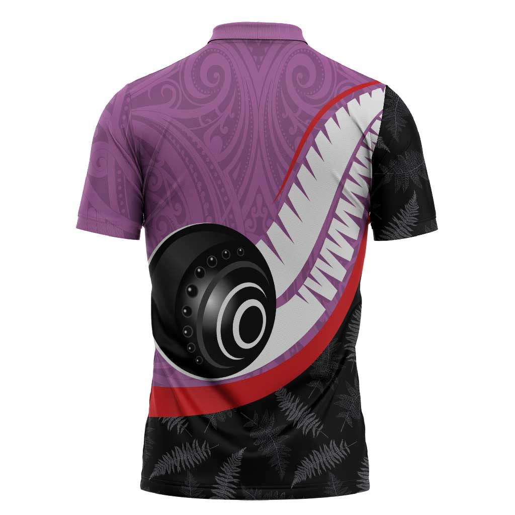 Personalised Aotearoa Lawn Bowls Zipper Polo Shirt Maori and Silver Fern Sporty Style Pink Color - Polynesian Pride