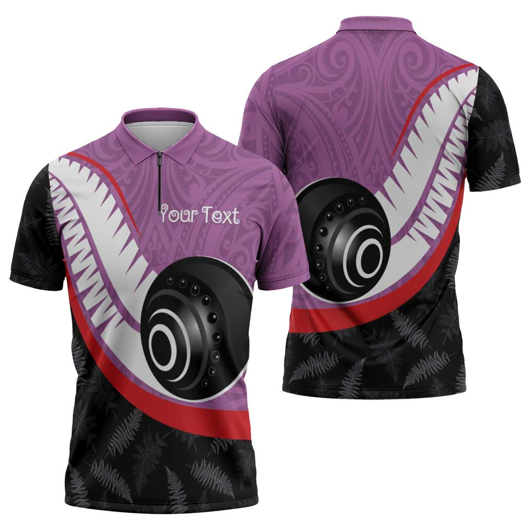 Personalised Aotearoa Lawn Bowls Zipper Polo Shirt Maori and Silver Fern Sporty Style Pink Color - Polynesian Pride