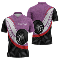 Personalised Aotearoa Lawn Bowls Zipper Polo Shirt Maori and Silver Fern Sporty Style Pink Color - Polynesian Pride
