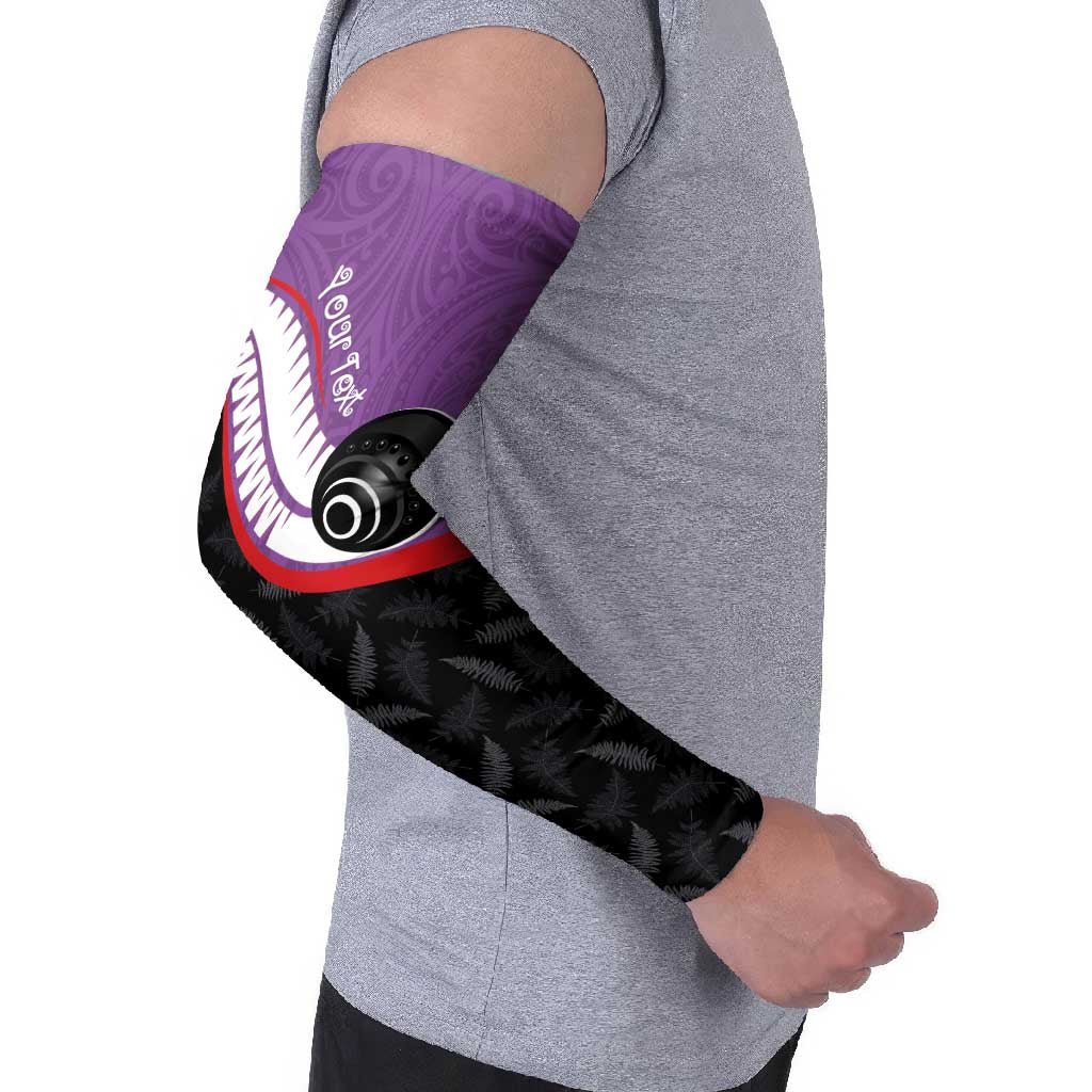 Personalised Aotearoa Lawn Bowls Arm Sleeves Maori and Silver Fern Sporty Style Purple Color - Polynesian Pride