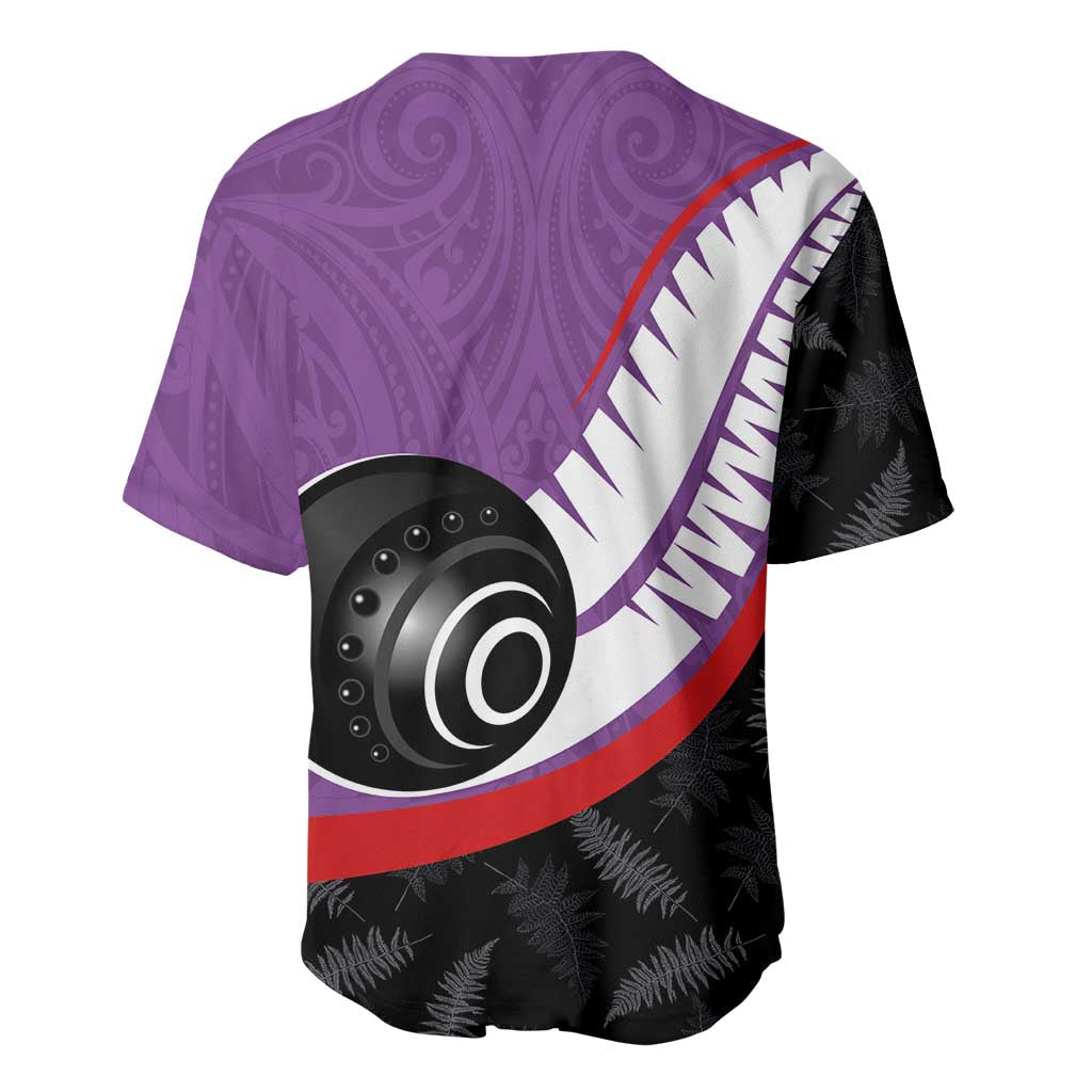 Personalised Aotearoa Lawn Bowls Baseball Jersey Maori and Silver Fern Sporty Style Purple Color - Polynesian Pride