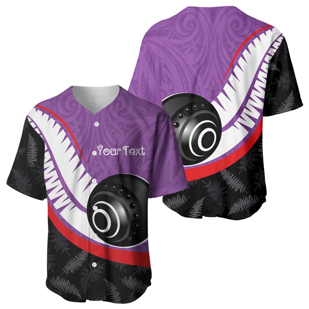 Personalised Aotearoa Lawn Bowls Baseball Jersey Maori and Silver Fern Sporty Style Purple Color - Polynesian Pride