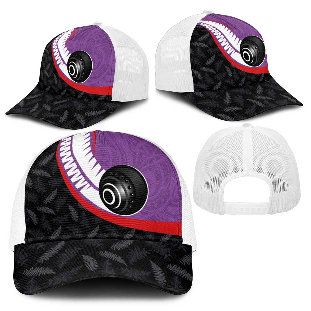 Aotearoa Lawn Bowls Baseball Net Cap Maori and Silver Fern Sporty Style Purple Color - Polynesian Pride