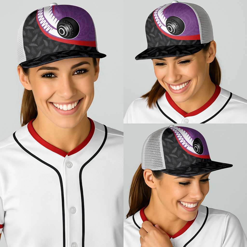 Aotearoa Lawn Bowls Baseball Net Cap Maori and Silver Fern Sporty Style Purple Color - Polynesian Pride