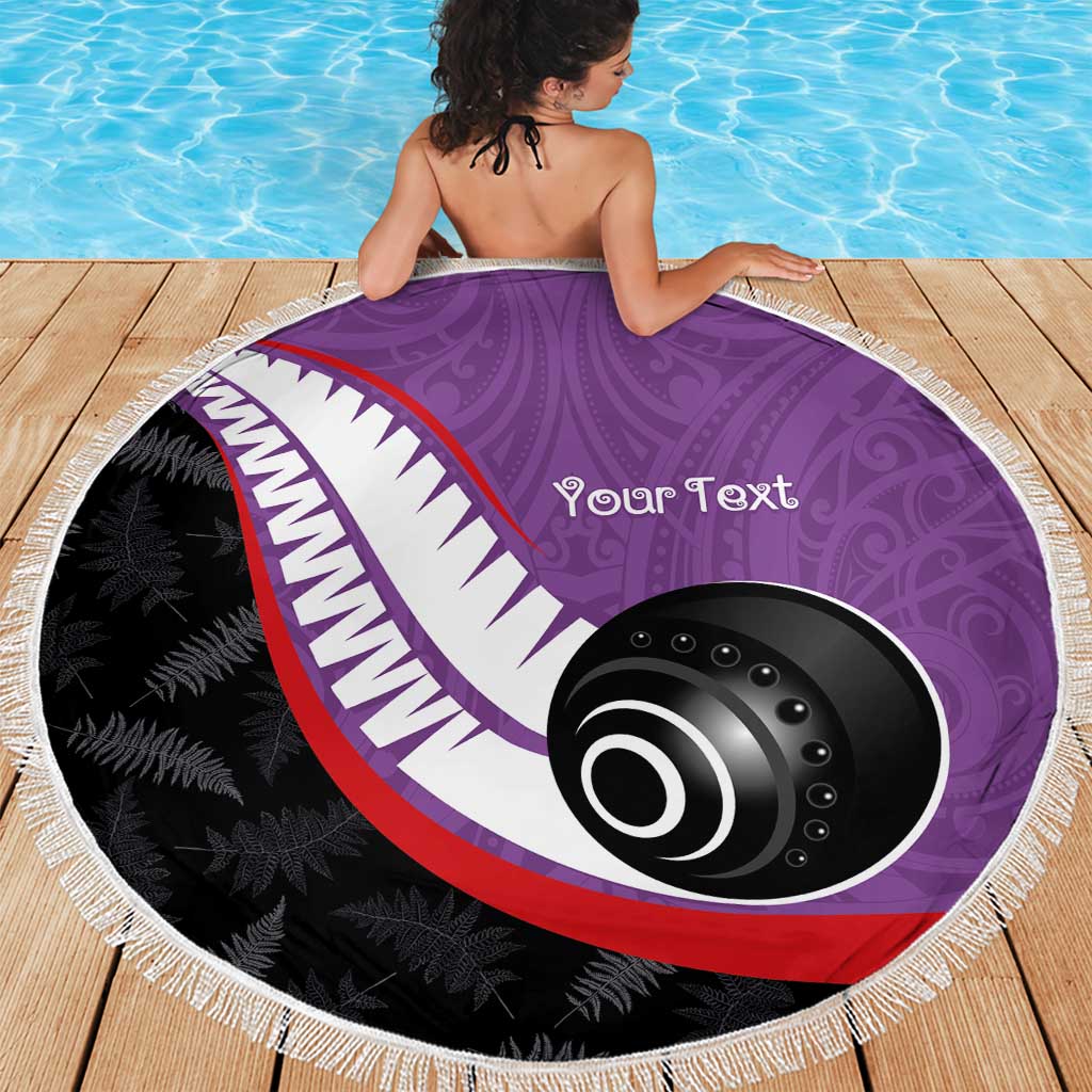 Personalised Aotearoa Lawn Bowls Beach Blanket Maori and Silver Fern Sporty Style Purple Color - Polynesian Pride