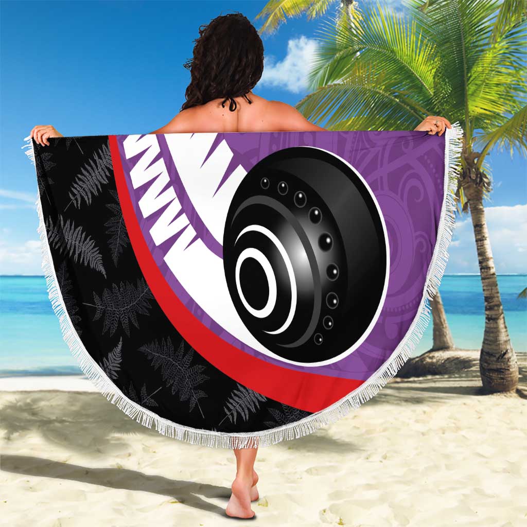 Personalised Aotearoa Lawn Bowls Beach Blanket Maori and Silver Fern Sporty Style Purple Color - Polynesian Pride