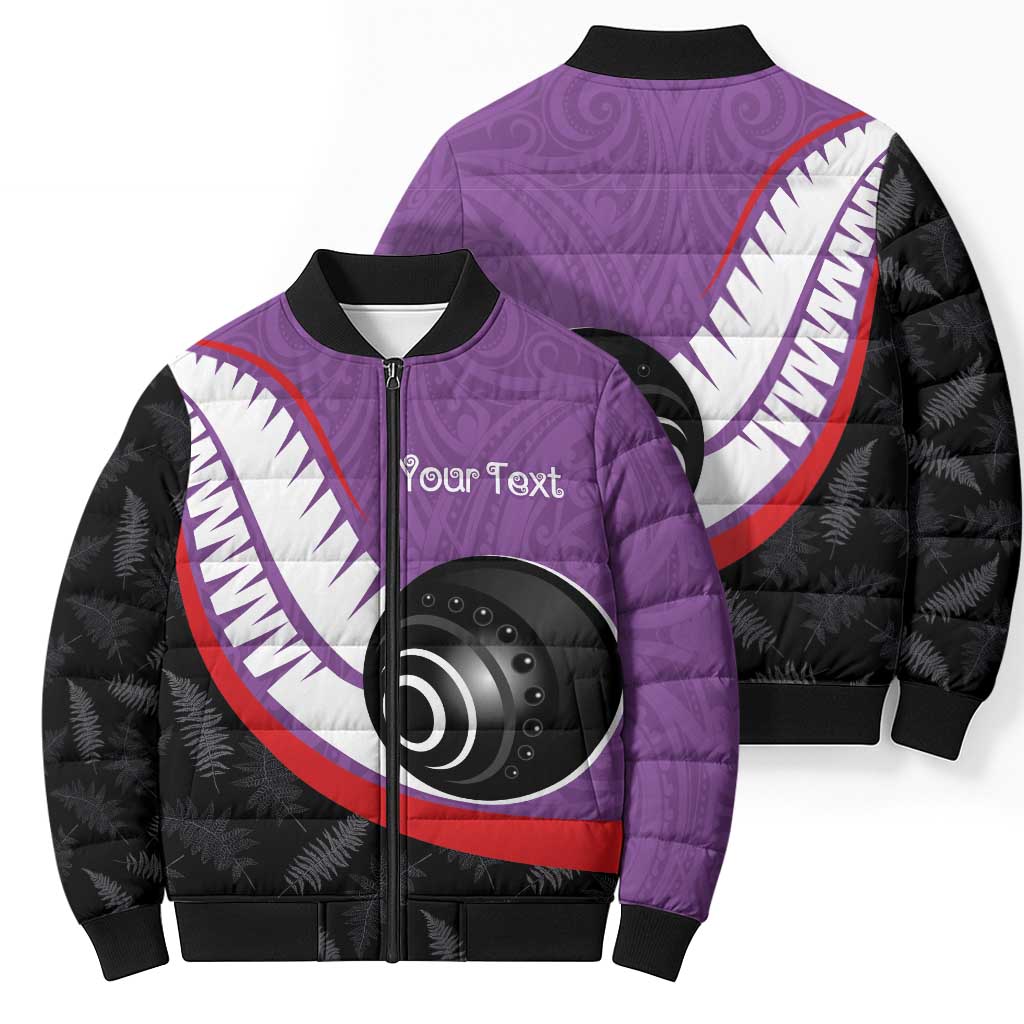 Personalised Aotearoa Lawn Bowls Bomber Puffer Jacket Maori and Silver Fern Sporty Style Purple Color - Polynesian Pride