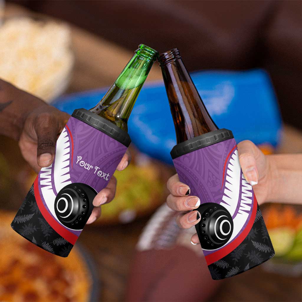 Personalised Aotearoa Lawn Bowls 4 in 1 Can Cooler Tumbler Maori and Silver Fern Sporty Style Purple Color - Polynesian Pride