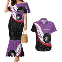 Personalised Aotearoa Lawn Bowls Couples Matching Mermaid Dress and Hawaiian Shirt Maori and Silver Fern Sporty Style Purple Color - Polynesian Pride