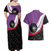 Personalised Aotearoa Lawn Bowls Couples Matching Off Shoulder Maxi Dress and Hawaiian Shirt Maori and Silver Fern Sporty Style Purple Color - Polynesian Pride