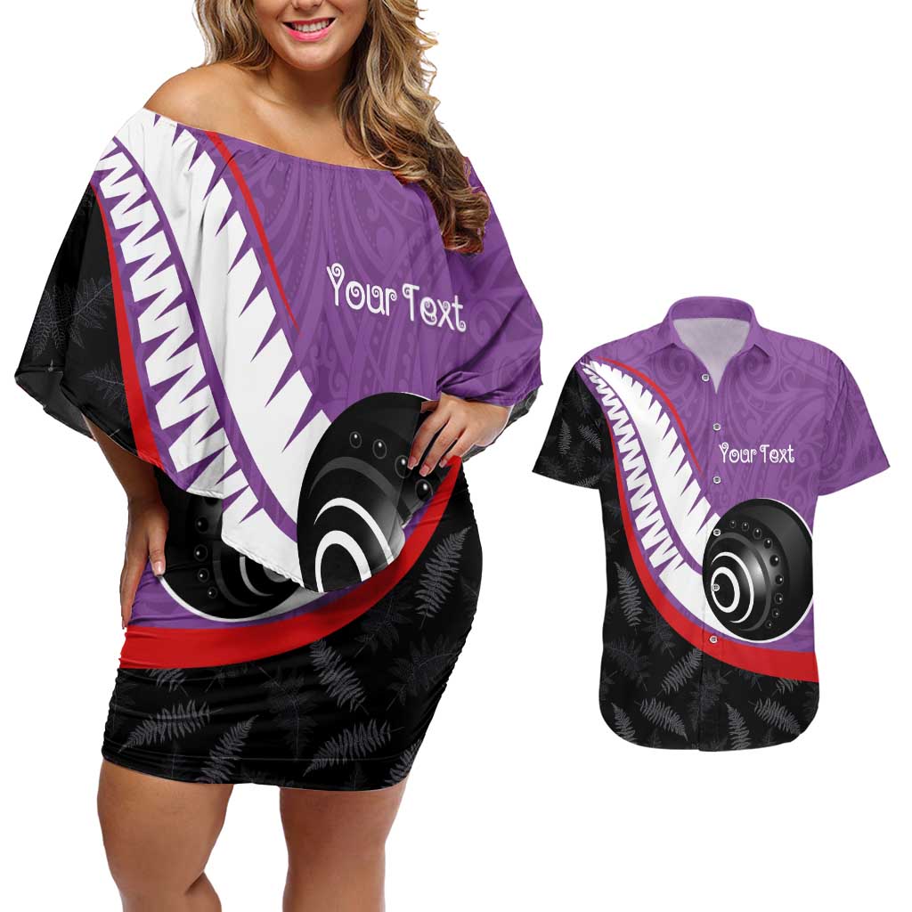 Personalised Aotearoa Lawn Bowls Couples Matching Off Shoulder Short Dress and Hawaiian Shirt Maori and Silver Fern Sporty Style Purple Color - Polynesian Pride