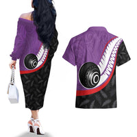 Personalised Aotearoa Lawn Bowls Couples Matching Off The Shoulder Long Sleeve Dress and Hawaiian Shirt Maori and Silver Fern Sporty Style Purple Color - Polynesian Pride