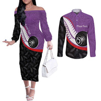Personalised Aotearoa Lawn Bowls Couples Matching Off The Shoulder Long Sleeve Dress and Long Sleeve Button Shirt Maori and Silver Fern Sporty Style Purple Color - Polynesian Pride