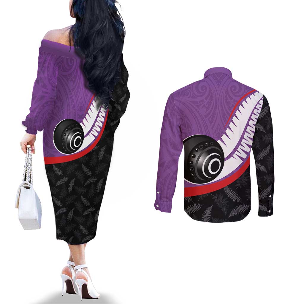 Personalised Aotearoa Lawn Bowls Couples Matching Off The Shoulder Long Sleeve Dress and Long Sleeve Button Shirt Maori and Silver Fern Sporty Style Purple Color - Polynesian Pride
