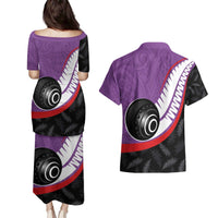 Personalised Aotearoa Lawn Bowls Couples Matching Puletasi and Hawaiian Shirt Maori and Silver Fern Sporty Style Purple Color - Polynesian Pride