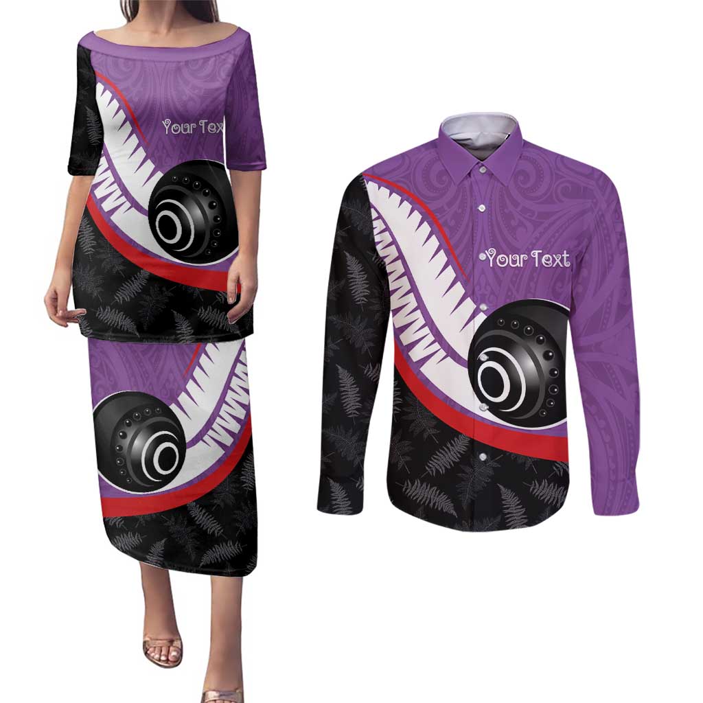 Personalised Aotearoa Lawn Bowls Couples Matching Puletasi and Long Sleeve Button Shirt Maori and Silver Fern Sporty Style Purple Color - Polynesian Pride
