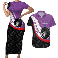 Personalised Aotearoa Lawn Bowls Couples Matching Short Sleeve Bodycon Dress and Hawaiian Shirt Maori and Silver Fern Sporty Style Purple Color - Polynesian Pride