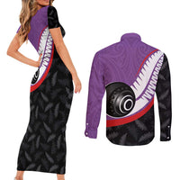 Personalised Aotearoa Lawn Bowls Couples Matching Short Sleeve Bodycon Dress and Long Sleeve Button Shirt Maori and Silver Fern Sporty Style Purple Color - Polynesian Pride