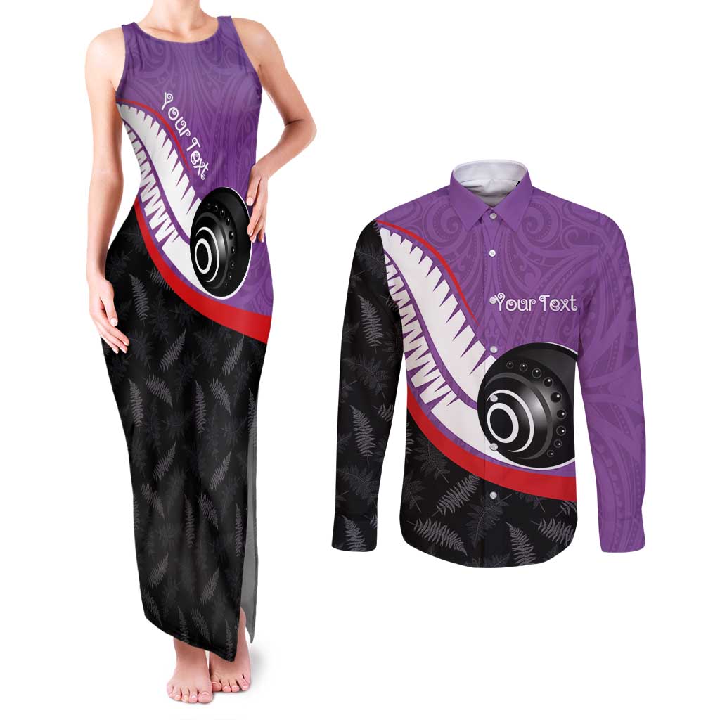 Personalised Aotearoa Lawn Bowls Couples Matching Tank Maxi Dress and Long Sleeve Button Shirt Maori and Silver Fern Sporty Style Purple Color - Polynesian Pride