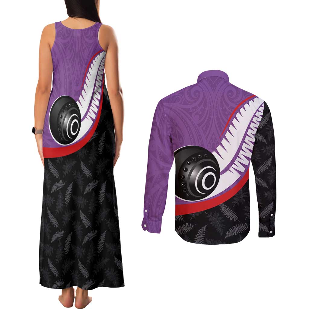 Personalised Aotearoa Lawn Bowls Couples Matching Tank Maxi Dress and Long Sleeve Button Shirt Maori and Silver Fern Sporty Style Purple Color - Polynesian Pride
