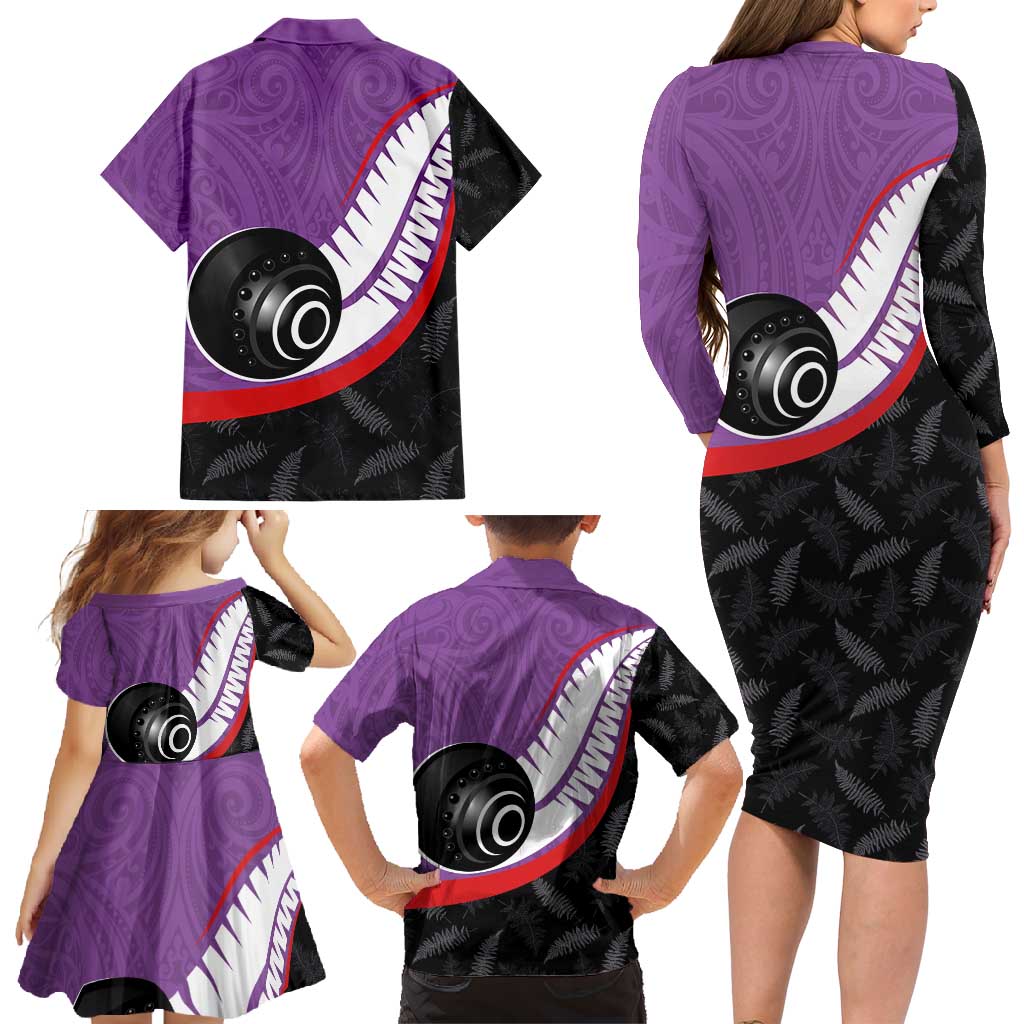 Personalised Aotearoa Lawn Bowls Family Matching Long Sleeve Bodycon Dress and Hawaiian Shirt Maori and Silver Fern Sporty Style Purple Color - Polynesian Pride