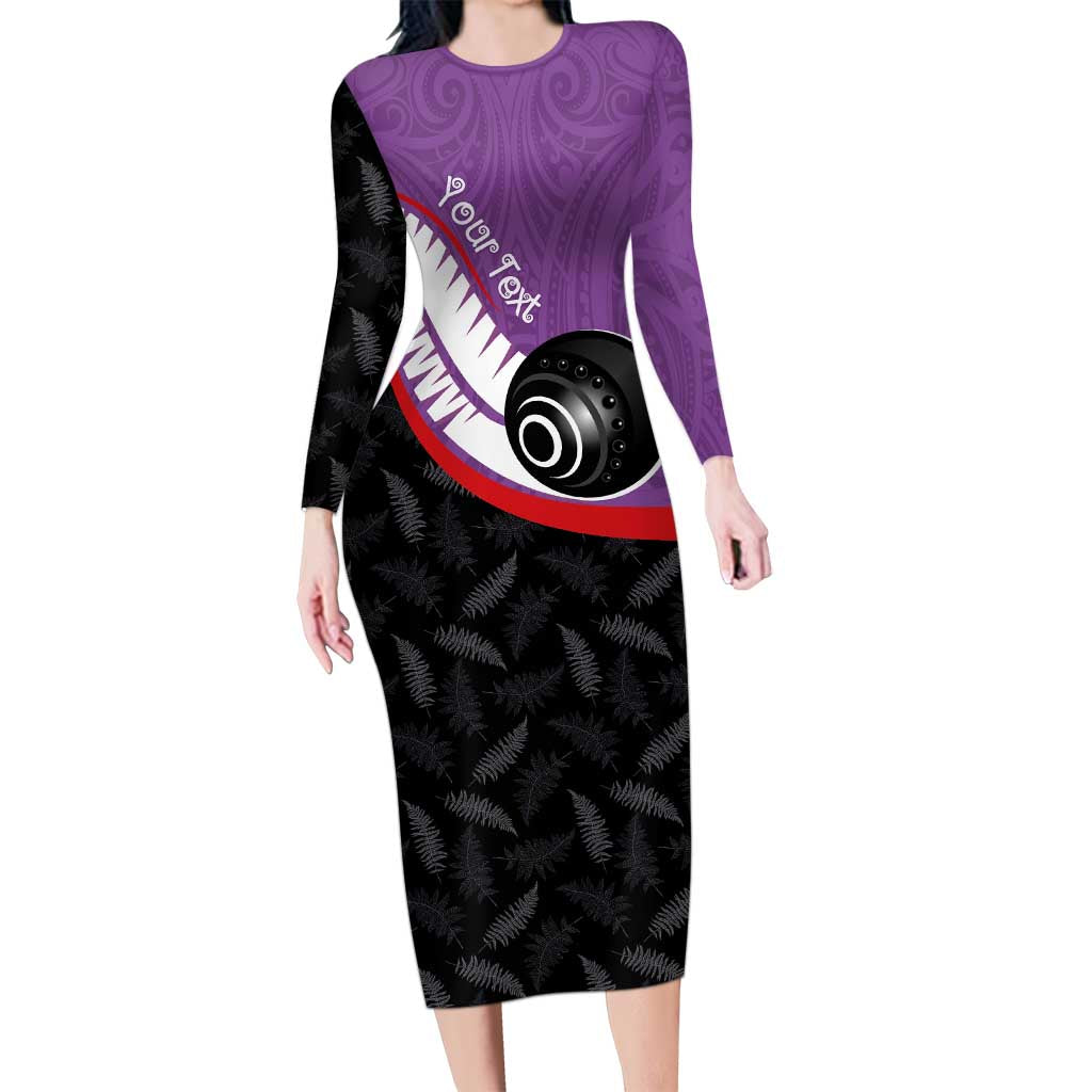 Personalised Aotearoa Lawn Bowls Family Matching Long Sleeve Bodycon Dress and Hawaiian Shirt Maori and Silver Fern Sporty Style Purple Color - Polynesian Pride