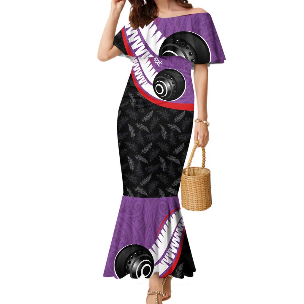 Personalised Aotearoa Lawn Bowls Family Matching Mermaid Dress and Hawaiian Shirt Maori and Silver Fern Sporty Style Purple Color - Polynesian Pride