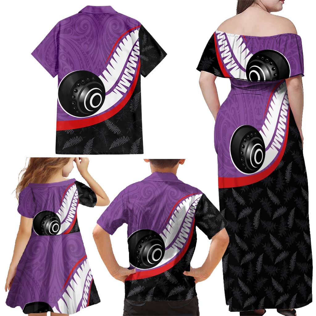 Personalised Aotearoa Lawn Bowls Family Matching Off Shoulder Maxi Dress and Hawaiian Shirt Maori and Silver Fern Sporty Style Purple Color - Polynesian Pride