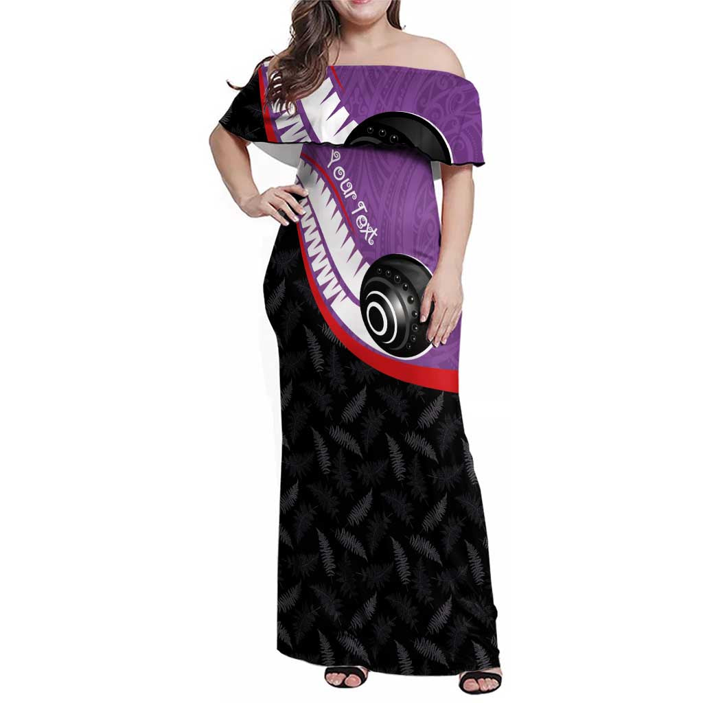 Personalised Aotearoa Lawn Bowls Family Matching Off Shoulder Maxi Dress and Hawaiian Shirt Maori and Silver Fern Sporty Style Purple Color - Polynesian Pride