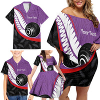 Personalised Aotearoa Lawn Bowls Family Matching Off Shoulder Short Dress and Hawaiian Shirt Maori and Silver Fern Sporty Style Purple Color - Polynesian Pride