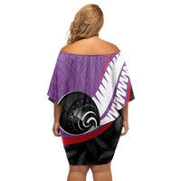 Personalised Aotearoa Lawn Bowls Family Matching Off Shoulder Short Dress and Hawaiian Shirt Maori and Silver Fern Sporty Style Purple Color - Polynesian Pride