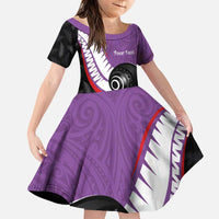 Personalised Aotearoa Lawn Bowls Family Matching Puletasi and Hawaiian Shirt Maori and Silver Fern Sporty Style Purple Color - Polynesian Pride