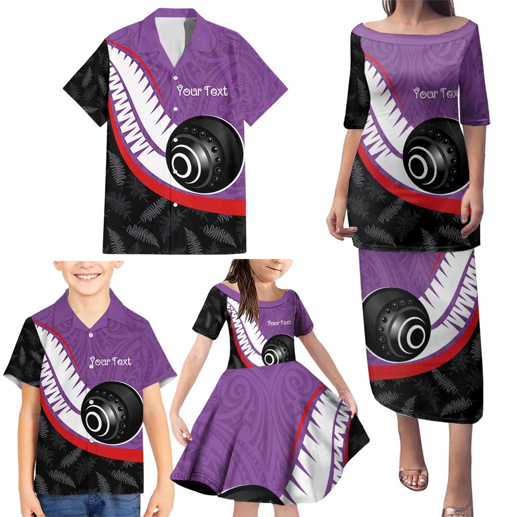 Personalised Aotearoa Lawn Bowls Family Matching Puletasi and Hawaiian Shirt Maori and Silver Fern Sporty Style Purple Color LT03 - Polynesian Pride