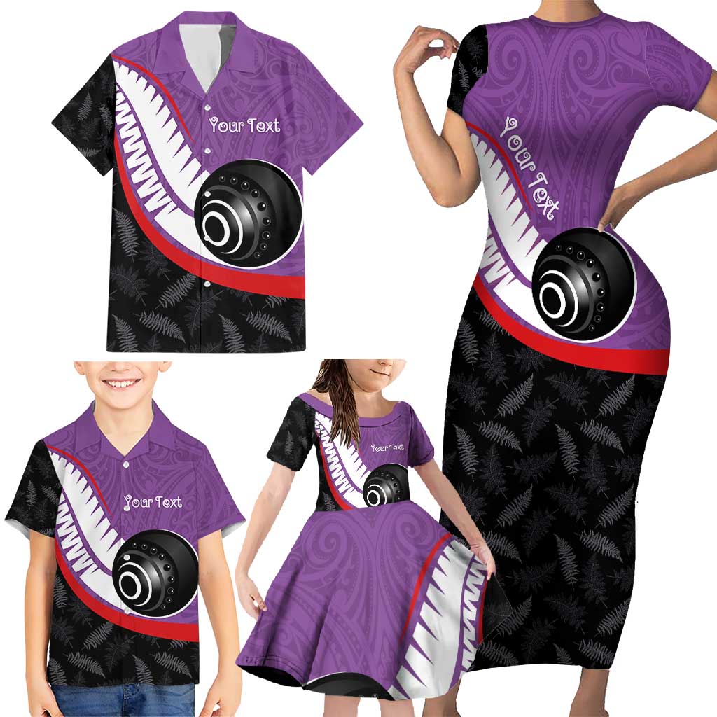 Personalised Aotearoa Lawn Bowls Family Matching Short Sleeve Bodycon Dress and Hawaiian Shirt Maori and Silver Fern Sporty Style Purple Color - Polynesian Pride