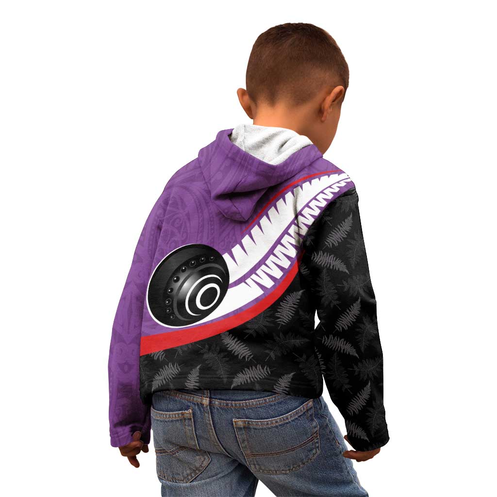 Personalised Aotearoa Lawn Bowls Kid Hoodie Maori and Silver Fern Sporty Style Purple Color - Polynesian Pride