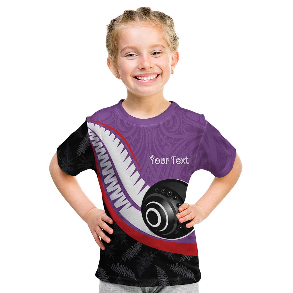 Personalised Aotearoa Lawn Bowls Kid T Shirt Maori and Silver Fern Sporty Style Purple Color - Polynesian Pride