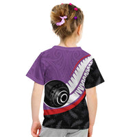 Personalised Aotearoa Lawn Bowls Kid T Shirt Maori and Silver Fern Sporty Style Purple Color - Polynesian Pride