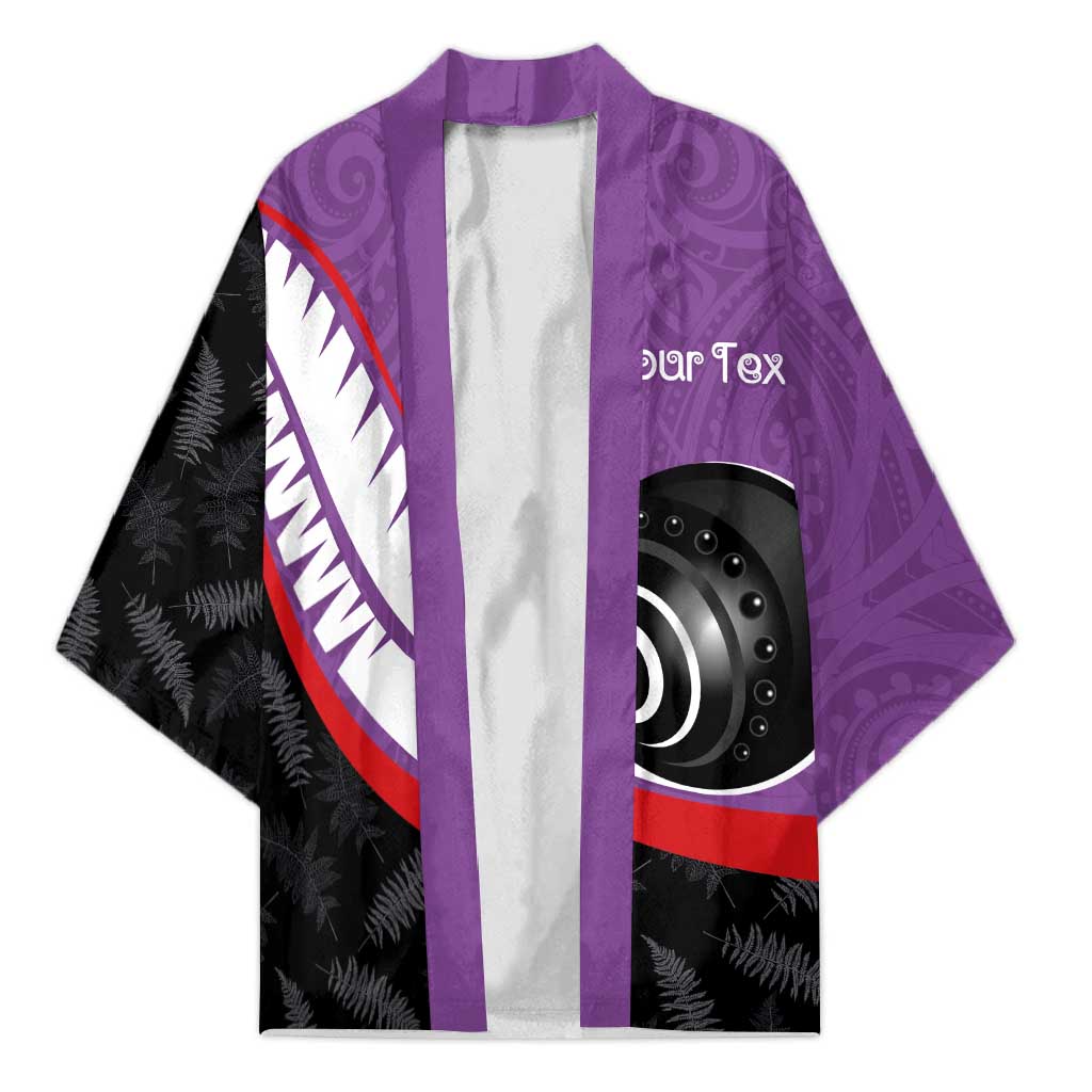Personalised Aotearoa Lawn Bowls Kimono Maori and Silver Fern Sporty Style Purple Color - Polynesian Pride