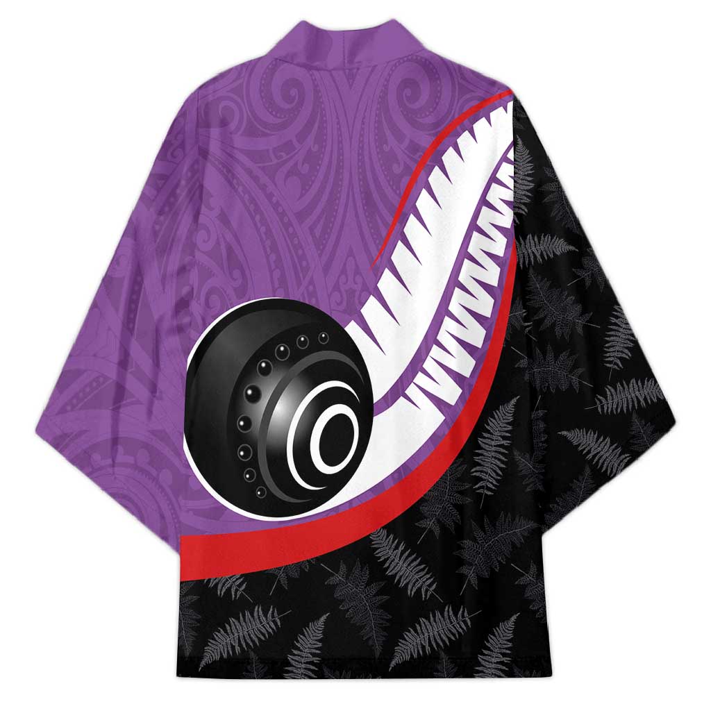 Personalised Aotearoa Lawn Bowls Kimono Maori and Silver Fern Sporty Style Purple Color - Polynesian Pride