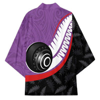 Personalised Aotearoa Lawn Bowls Kimono Maori and Silver Fern Sporty Style Purple Color - Polynesian Pride