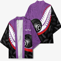 Personalised Aotearoa Lawn Bowls Kimono Maori and Silver Fern Sporty Style Purple Color - Polynesian Pride